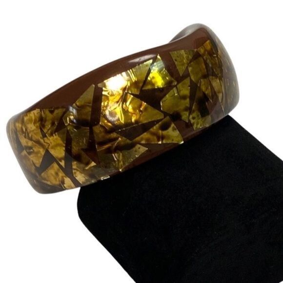 Vintage Chunky Lucite Bangle Bracelet Chocolate Brown w/Embedded Gold‎ Confetti - Picture 7 of 10